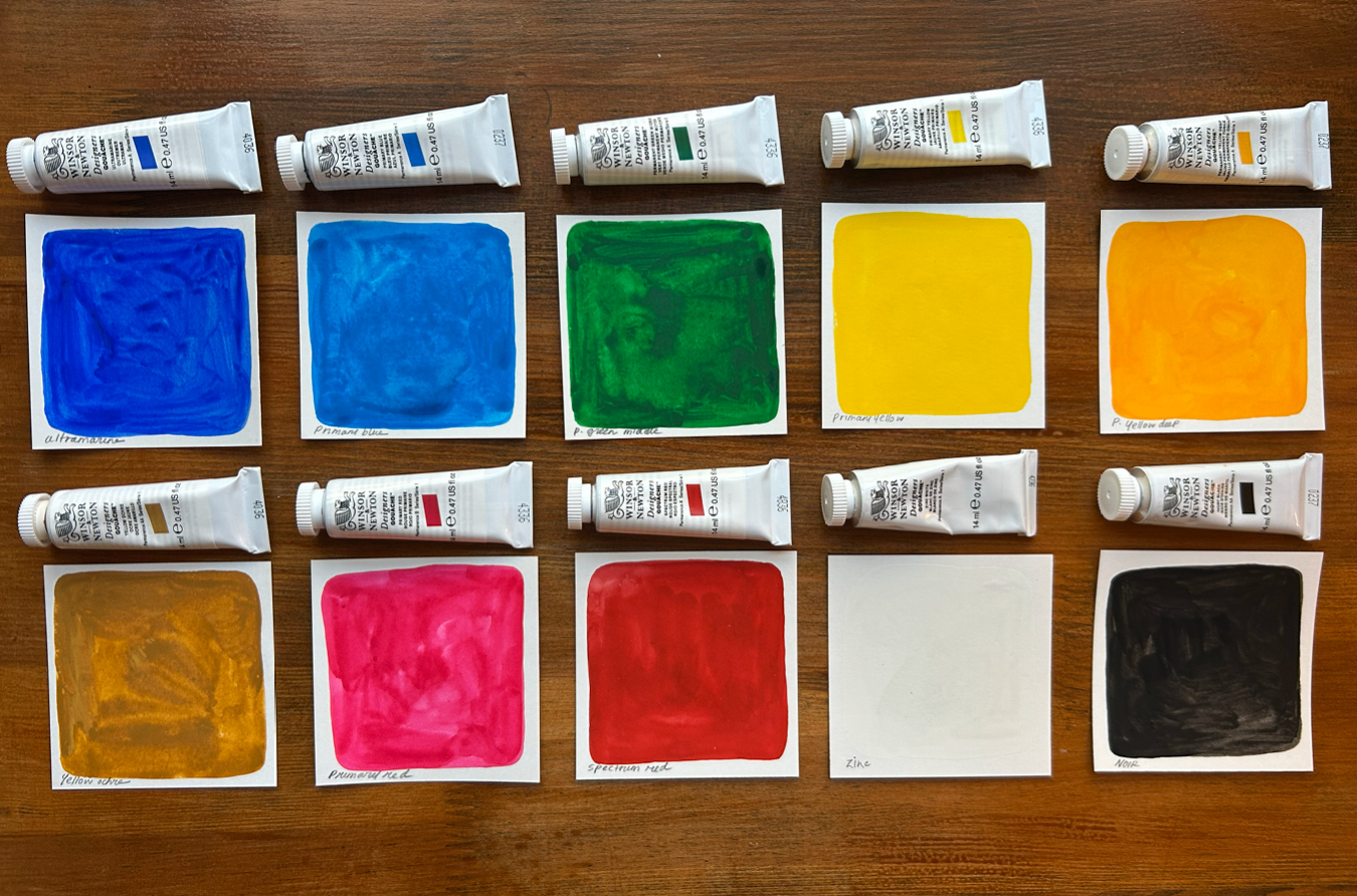 Color Swatches (with Photos) of the Winsor & Newton Designer Gouache 10-Tube Set